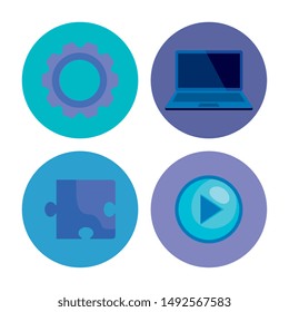 set of gear with laptop technology and puzzle with video