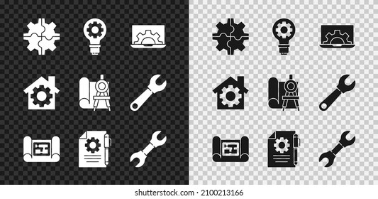 Set Gear, Light bulb and gear, Laptop, House plan, Document settings pen, Wrench spanner, with and Graphing paper compass icon. Vector
