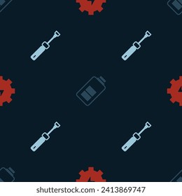 Set Gear and lightning, Battery charge and Screwdriver on seamless pattern. Vector