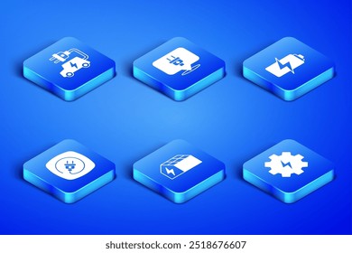 Set Gear and lightning, Electric car, Solar energy panel, plug,  and Battery icon. Vector