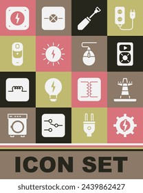 Set Gear and lightning, Electric tower line, Music player, Screwdriver, Solar energy panel, Battery charge, Lightning bolt and Computer mouse icon. Vector
