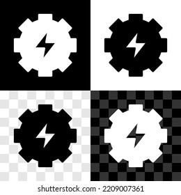 Ajuste el icono de Engranaje y relámpago aislado sobre fondo transparente, blanco y negro. Energía eléctrica. Signo de rayo.  Vector