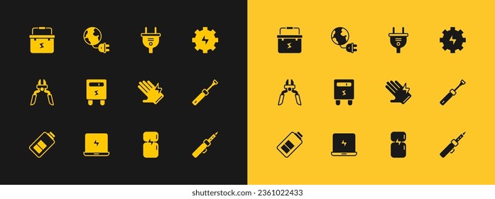 Set Gear and lightning, Laptop, Electric glove, Refrigerator, meter, plug, Toolbox electrician and Global energy planet with icon. Vector