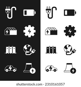 Set Gear and lightning, Solar energy panel, Electric plug, Battery, Hydroelectric dam, Global power planet, Nuclear plant and car icon. Vector
