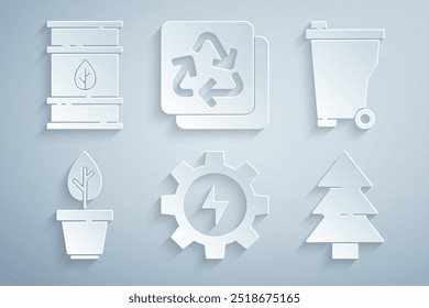 Set Gear and lightning, Trash can, Plant pot, Christmas tree, Recycle and Bio fuel barrel icon. Vector