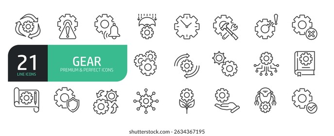 Set Of Gear Line Icons. Contains such icons as Gear, Equipment, Engine, Settings, Engineering, Industry, Machine Part, Technology, Repair, Tool, Construction, and more.
