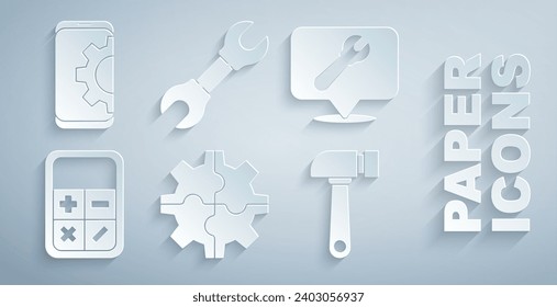 Set Gear, Location with wrench spanner, Calculator, Hammer, Wrench and Setting smartphone icon. Vector