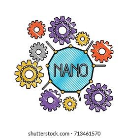 set gear machinery around of nano molecule in color crayon silhouette vector illustration