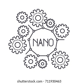 set gear machinery with nano text in center monochrome silhouette on white background vector illustration