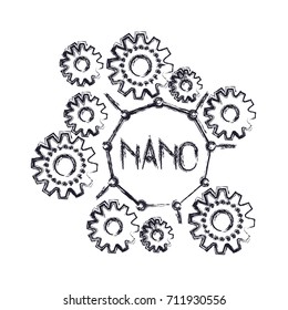 set gear machinery with nano text in center monochrome blurred silhouette on white background vector illustration