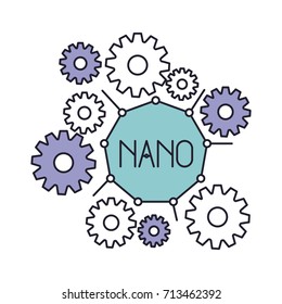 set gear machinery with nano text in center in color silhouette vector illustration