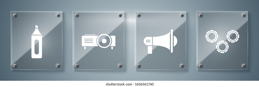 Set Gear, Megaphone, Presentation, movie, film, media projector and Marker pen. Square glass panels. Vector