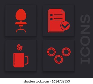 Set Gear, Office chair, Document and check mark and Cup of tea and leaf icon. Vector