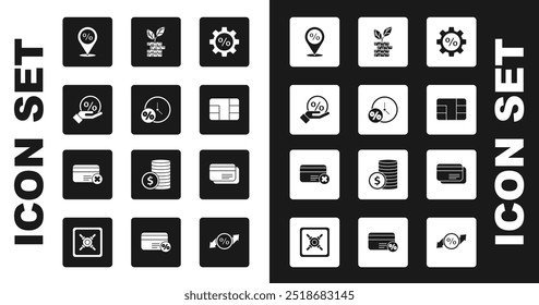 Set Gear with percent, Clock and, Discount tag, Location discount, Credit card chip, Dollar plant,  and remove icon. Vector