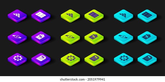 Set Gear with percent, Finance document, Financial growth and dollar, Credit card chip and Gold bars icon. Vector