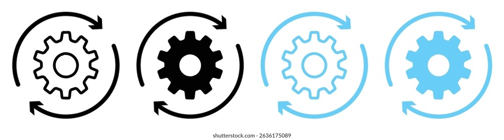 Set of gear and refresh icons in black and blue. Gear symbol with two arrows or wheel sign symbol. Sync process icons collection. Flat isolated vector Illustration.