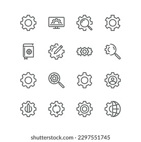 Set of gear related icons, settings, transmission, gearwheel, cogwheel, wrench tool, fix and linear variety vectors.