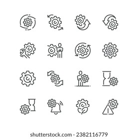 Set of gear related icons, settings, process, engineering, fix and linear variety vectors.