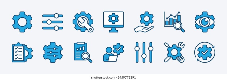 Set von Einstellungen Control Panel-Symbol. Enthält Setup, Volume, Configuration, Engineering, Customization, Statistikdaten, Installation, Service, System aktualisier, Maintenance, Option Vektorgrafik