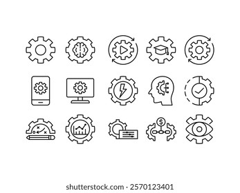 Set of gear settings control panel thin line icons. Contains settings, volumes, configurations, techniques, adjustments, statistical data, installations, services, strategies, knowledge, energy, proce