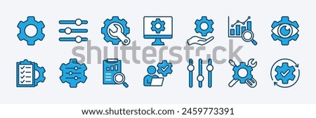 Set of gear settings control panel icon. Containing setup, volume, configuration, engineering, customization, statistics data, installation, service, system update, maintenance, option vector