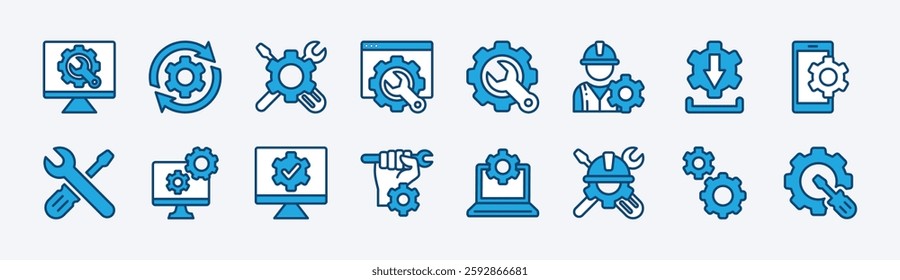 Set of gear settings tool icon vector. Containing configuration, installation, maintenance, engineering, mechanism, repair, service, customization, wrench, screwdriver, engineer, setup, technician