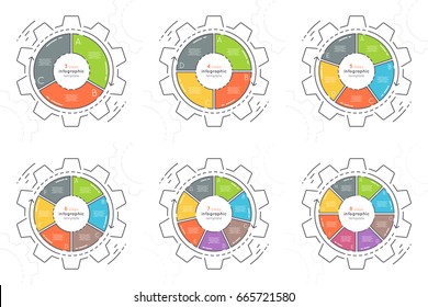 Set of gear shaped flat style infographic templates with 3-8 steps. Thin line business concept. Expanded stroke.