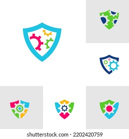 Conjunto de vectores con el logotipo Escudo de los engranajes. Plantilla de concepto de diseño del logotipo del Escudo. Símbolo de icono simple creativo