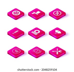 Einstellgetriebe, Bremsanlage-Warnsystem, Stoßdämpfer, Autorad, Schraubendreher und Schraubenschlüssel, Geschwindigkeitsmesser, kein Parkstoppen und Paint-Spray-Symbol. Vektorgrafik