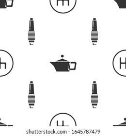 Set Gear shifter, Canister for motor machine oil and Car spark plug on seamless pattern. Vector