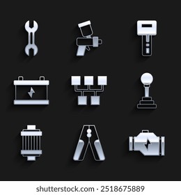 Set Gear shifter, Car battery jumper power cable, Check engine, air filter, key with remote and Wrench spanner icon. Vector