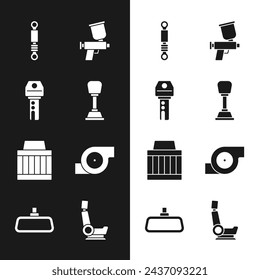 Set Gear shifter, Car key with remote, Shock absorber, Paint spray gun, air filter, Automotive turbocharger, seat and mirror icon. Vector