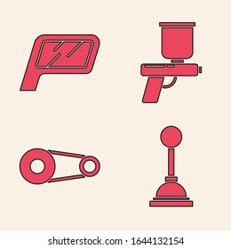 Set Gear shifter, Car mirror, Paint spray gun and Timing belt kit icon. Vector