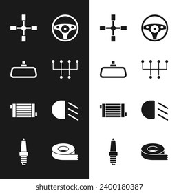 Set Gear shifter, Car mirror, Wheel wrench, Steering wheel, radiator cooling system, High beam, Scotch tape and spark plug icon. Vector