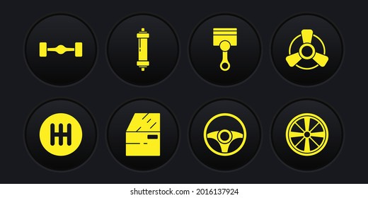 Set Gear shifter, Car motor ventilator, door, Steering wheel, Engine piston, Shock absorber, Alloy and Chassis car icon. Vector