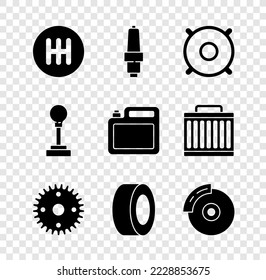 Set Gear shifter, Car spark plug, audio speaker, tire, brake disk with caliper, and Canister for motor oil icon. Vector