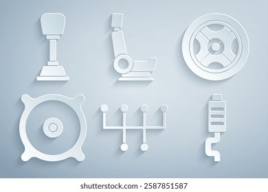 Set Gear shifter, Car wheel, audio speaker, muffler, seat and  icon. Vector