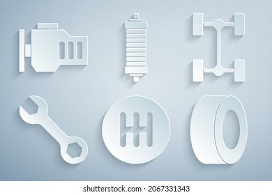 Set Gear shifter, Chassis car, Wrench spanner, Car tire, Shock absorber and Check engine icon. Vector