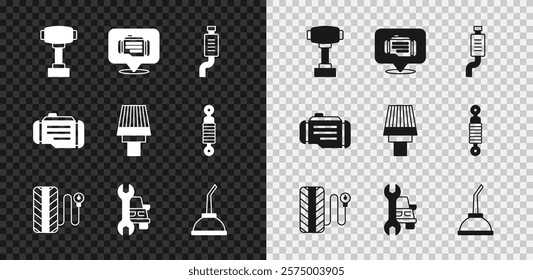 Set Gear shifter, Check engine, Car muffler, Tire pressure gauge, service, Canister for motor machine oil,  and air filter icon. Vector