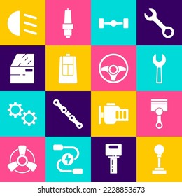 Ajuste el selector de velocidades, el pistón del motor, el interruptor de llave dinamométrica, el coche del chasis, la llave del coche con mando a distancia, la puerta, la luz de carretera y el icono de la rueda de dirección. Vector