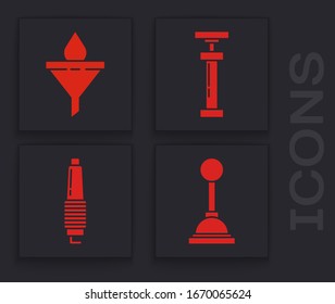 Set Gear shifter, Funnel or filter and motor oil drop, Car air pump and Car spark plug icon. Vector