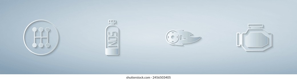 Set Gear shifter, Nitrous oxide, Wheel in fire flame and Check engine. Paper art style. Vector