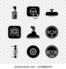 Set Gear shifter, Oil filler cap at gas station, Car mirror, Shock absorber, brake disk, Steering wheel,  and  icon. Vector