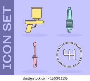 Set Gear Shifter, Paint spray gun, Schraubenzieher und Auto Funken Stecker Symbol. Vektorillustration