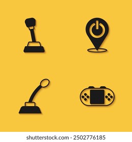 Set Gear shifter, Portable video game console, Microphone and Power button icon with long shadow. Vector