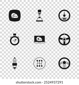 Definir mudança de marcha, volante de corrida, capacete, velocímetro e ícone de cronômetro. Vetor