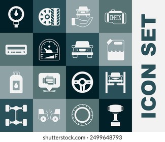 Set Gear shifter, Repair car on lift, Canister for gasoline, Auto service check automotive, Motor gauge, Car audio, Tire pressure and  icon. Vector