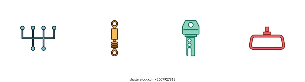 Set Gear shifter, Shock absorber, Car key with remote and mirror icon. Vector
