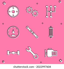 Set Gear, shifter, Speedometer, Car chain, Shock absorber, Chassis car and Wrench spanner icon. Vector
