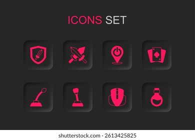 Set Gear shifter, Sword for game, Computer mouse, Playing cards, Bottle with magic elixir, Power button and Microphone icon. Vector